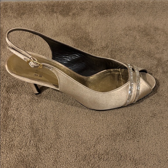 Stuart Weitzman Gold Peep-Toe Slingback Heels with Rhinestone Accents - Size 9 - Picture 4 of 8